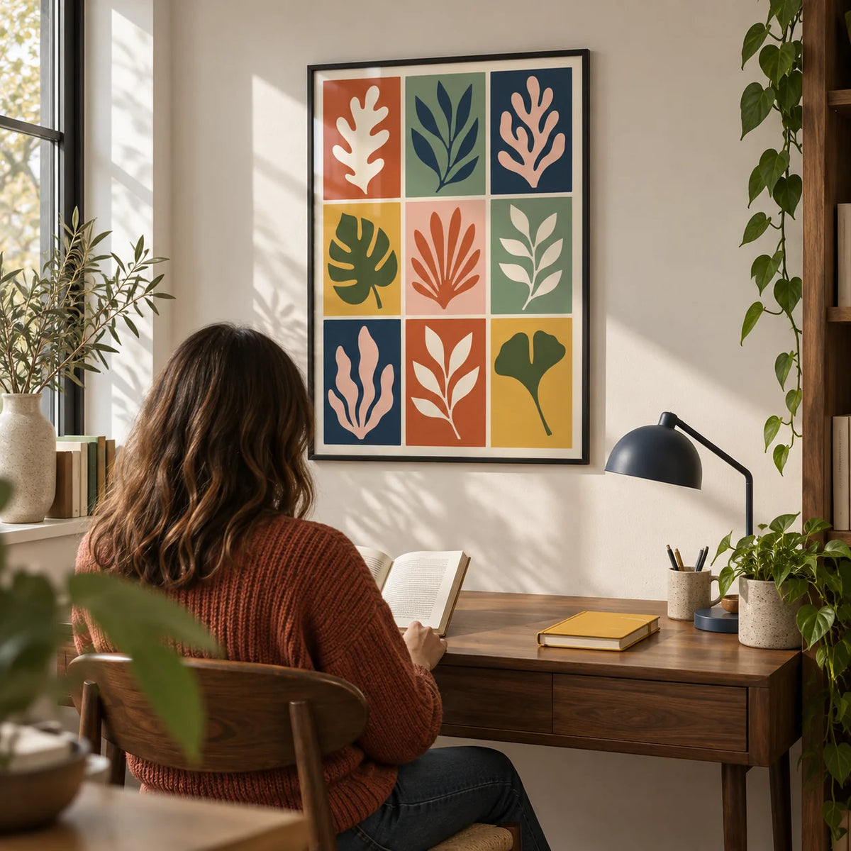 Cut Out Print, framed on the wall of a compact design-led home study with an off-white wall and a walnut writing desk