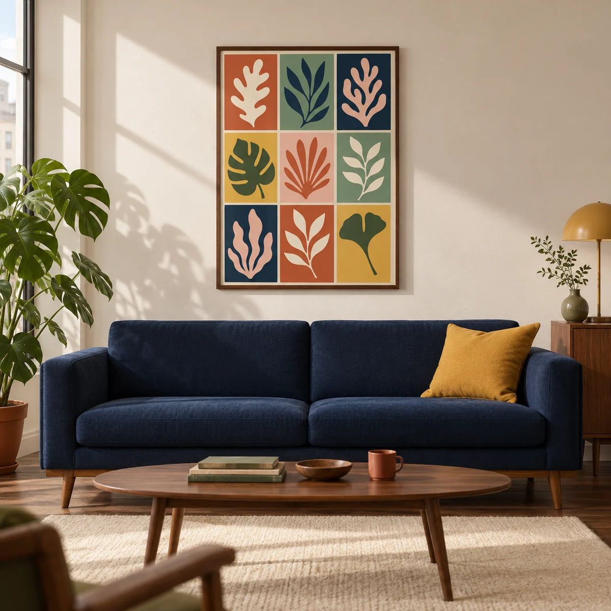 Cut Out Print, framed on the wall of a mid-century living room in a UK city flat with warm white walls and a walnut floor