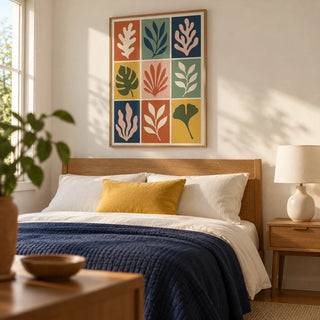Cut Out Print, framed on the wall of a modern mid-century bedroom with warm white walls and an oak double bed