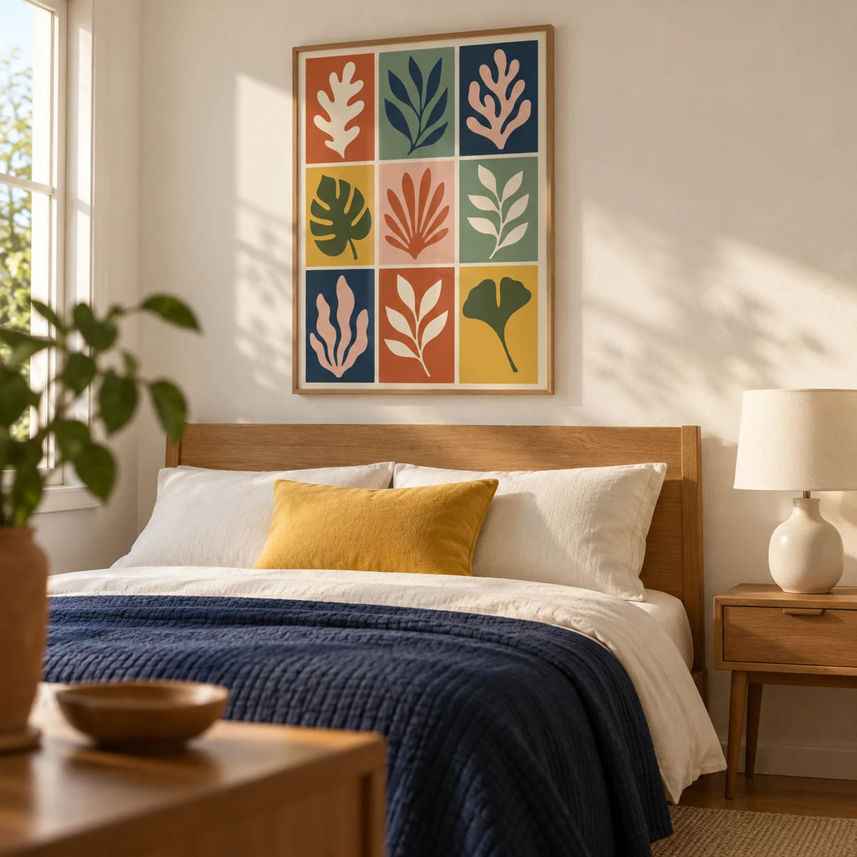 Cut Out Print, framed on the wall of a modern mid-century bedroom with warm white walls and an oak double bed