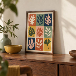 Cut Out Print, a small A4 framed print leaning on a walnut sideboard in a living room