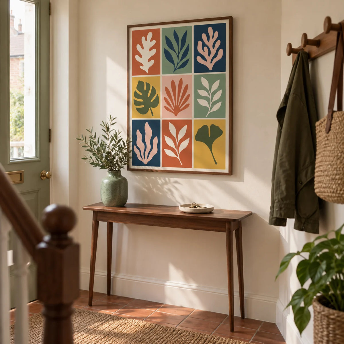 Cut Out Print, framed on the wall of a welcoming hallway in a renovated UK terrace with pale cream walls and plain terracotta floor tiles