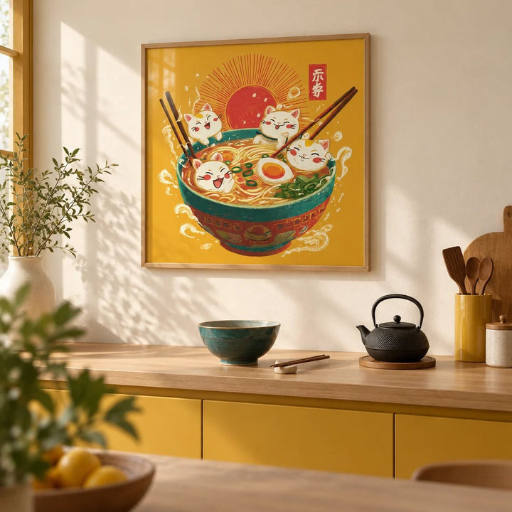 Cute Cat Print, framed on the wall of a Japanese-modern kitchen with solid mustard yellow cabinets and a plain cream wall