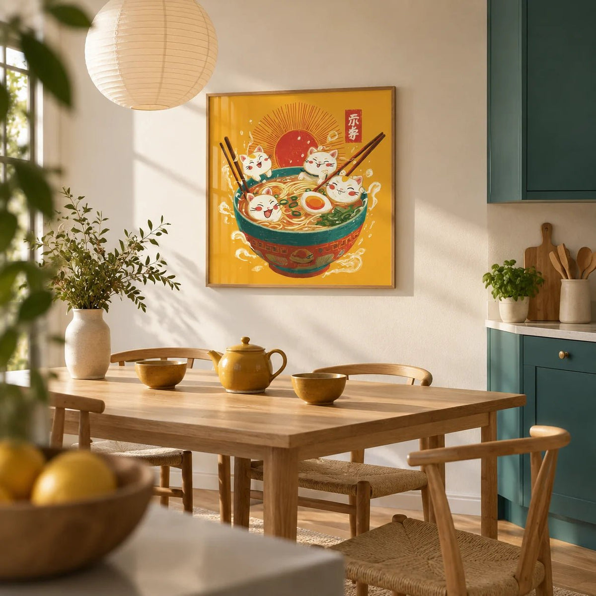 Cute Cat Print, framed on the wall of a open-plan kitchen-diner with solid teal kitchen units