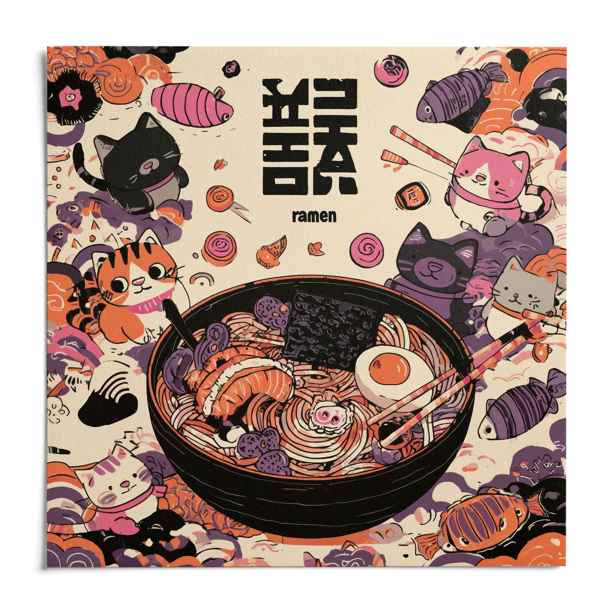 Cat Ramen Print, shown as an unframed paper print on a plain white background