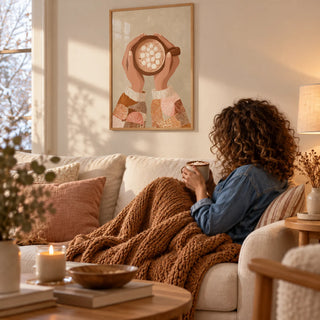 Cute Coffee Art Print, framed on the wall of a cosy living room on a winter afternoon