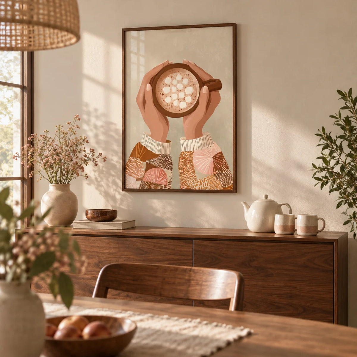 Cute Coffee Art Print, framed on the wall of a warm dining room