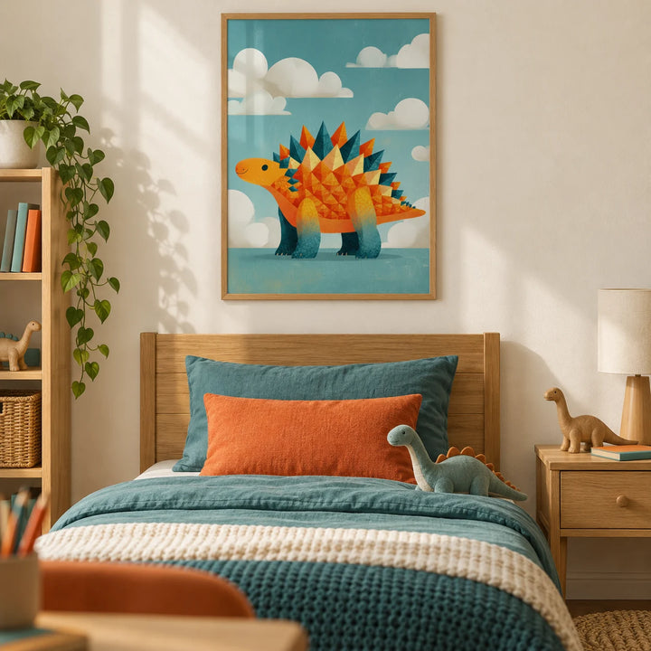 Cute Dinosaur Art Print, framed on the wall of a boy's bedroom with a cream wall