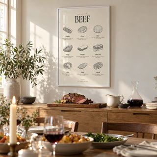 Cuts of Beef Print, framed on the wall of a dining room set for Sunday lunch