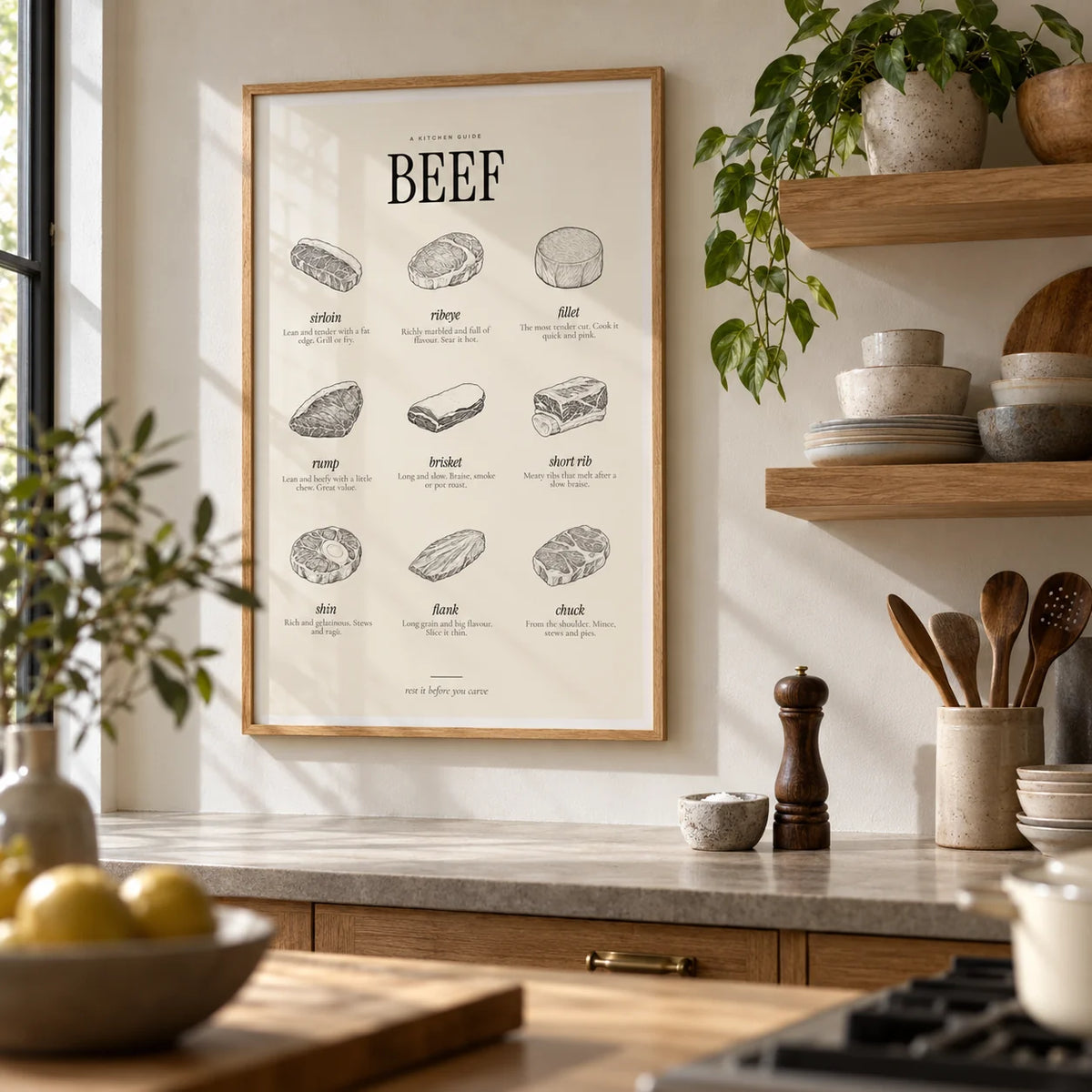 Cuts of Beef Print, framed on the wall of a kitchen with open oak shelves of stoneware