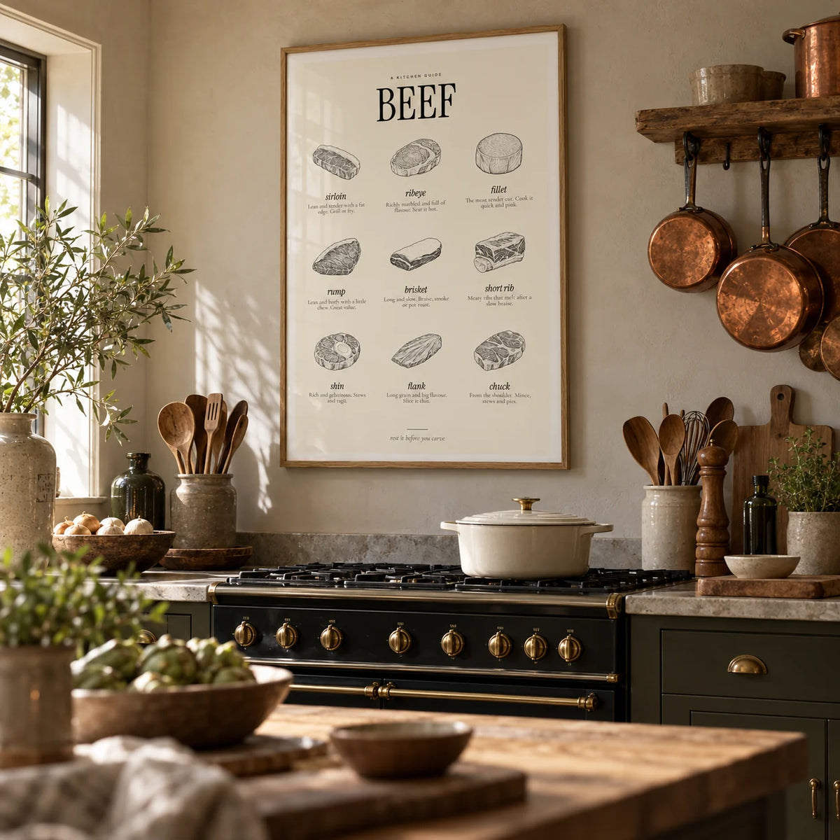 Cuts of Beef Print, framed on the wall of a rustic kitchen