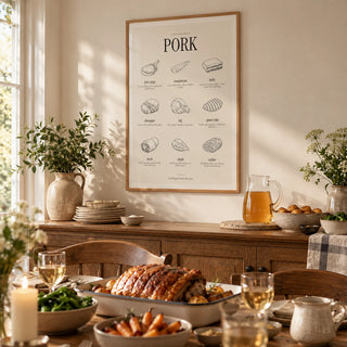Cuts of Pork Print, framed on the wall of a dining room set for a Sunday roast