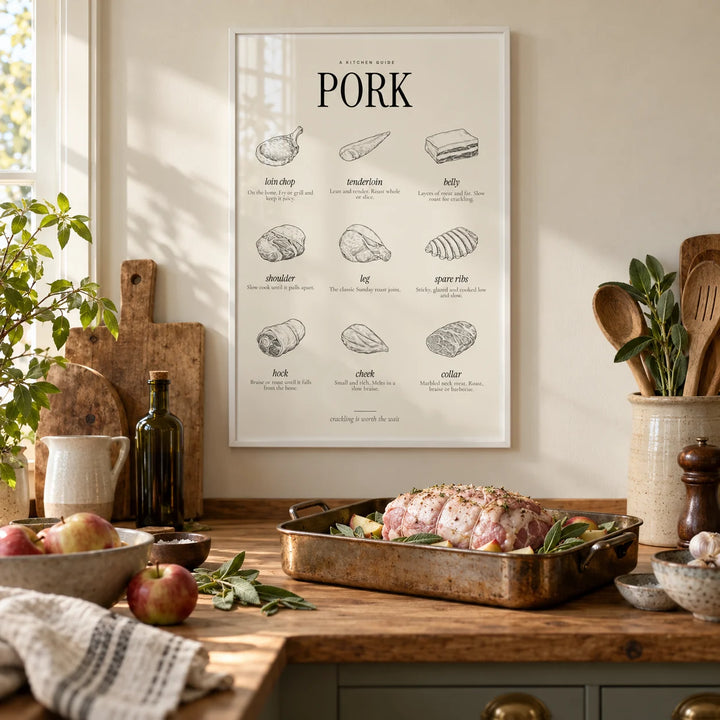 Cuts of Pork Print, framed on the wall of a farmhouse kitchen