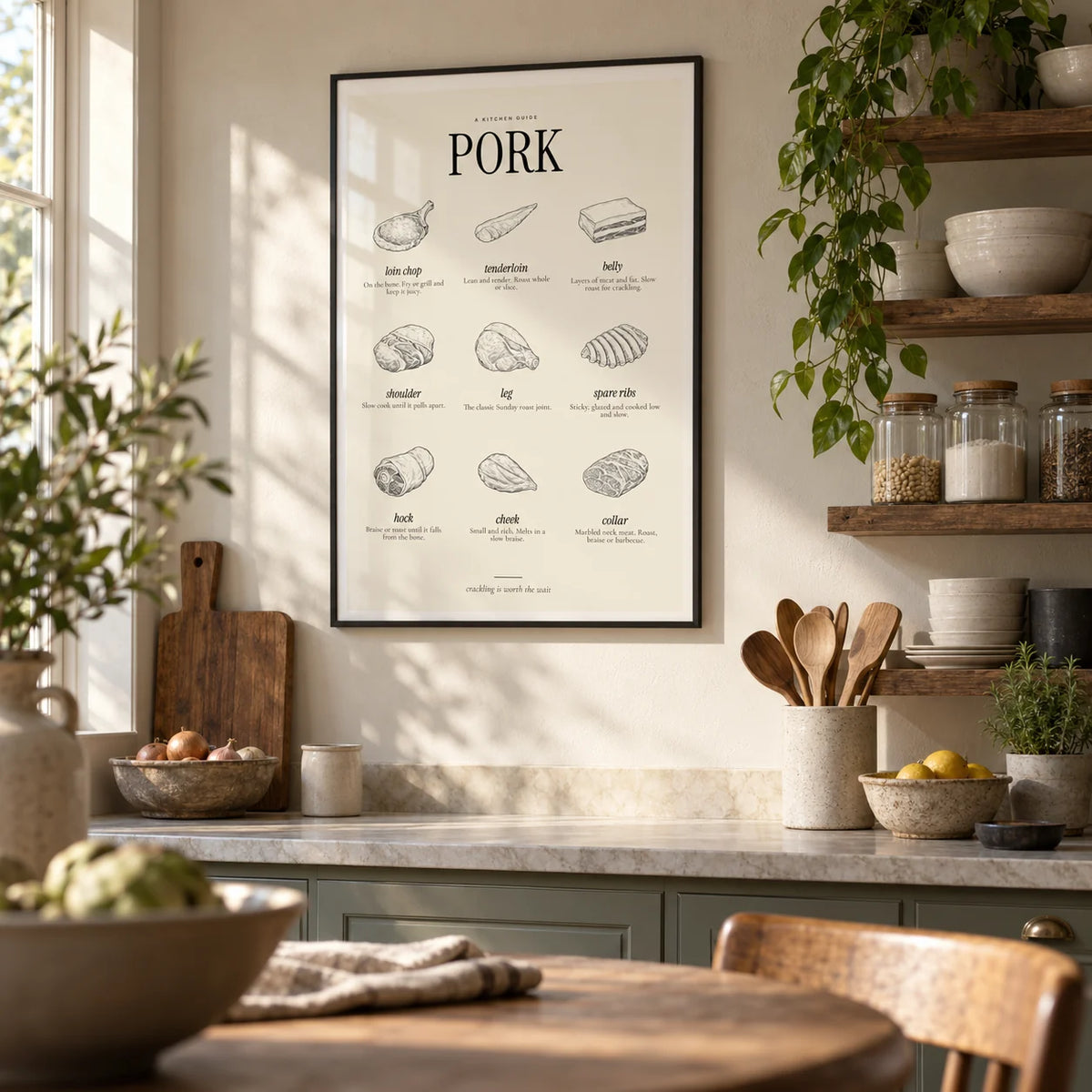 Cuts of Pork Print, framed on the wall of a kitchen with open shelves of plain jars and bowls