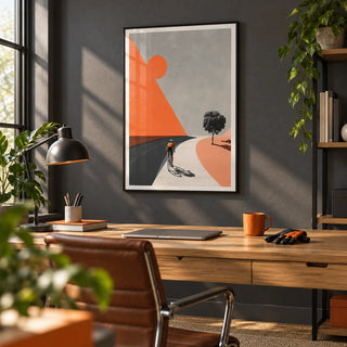 Cycling Landscape Art Print, framed on the wall of a modern home office with a charcoal grey wall