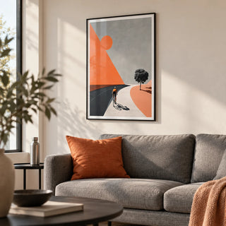 Cycling Landscape Art Print, framed on the wall of a modern living room with a warm white wall