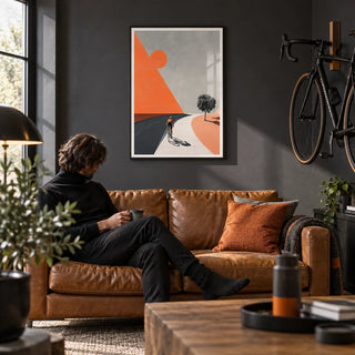 Cycling Landscape Art Print, framed on the wall of a modern man cave with a dark charcoal wall in a living room