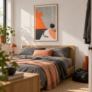 Cycling Landscape Art Print, framed on the wall of a tidy first-flat bedroom (22-28) with a white wall