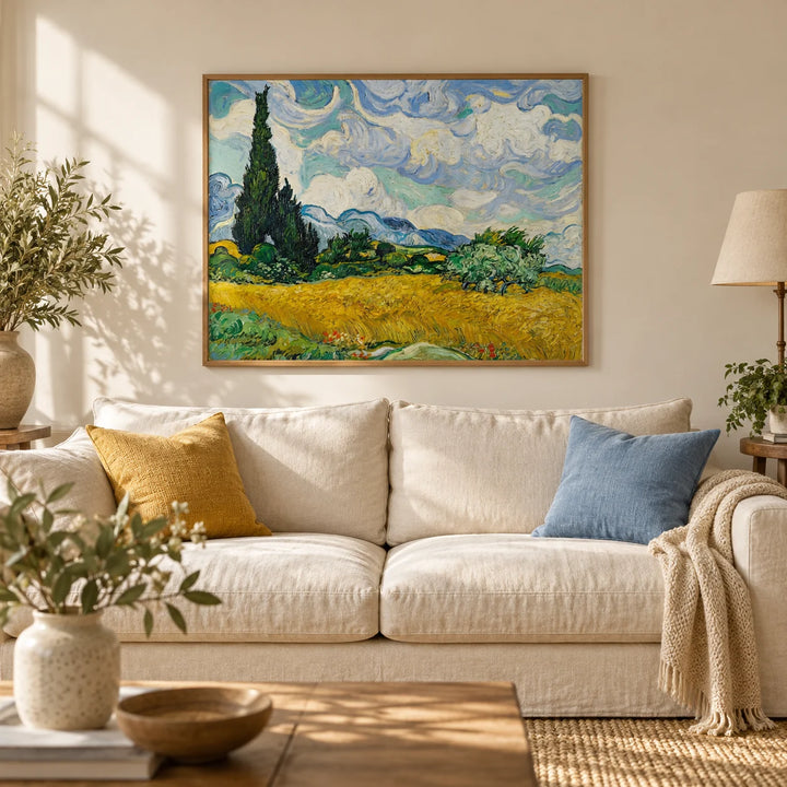 Cypress Tree Landscape, framed on the wall of a warm living room with a soft cream wall and a light oak floor