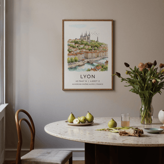 Lyon City Art Print on a wall above a dining table with pears and flowers