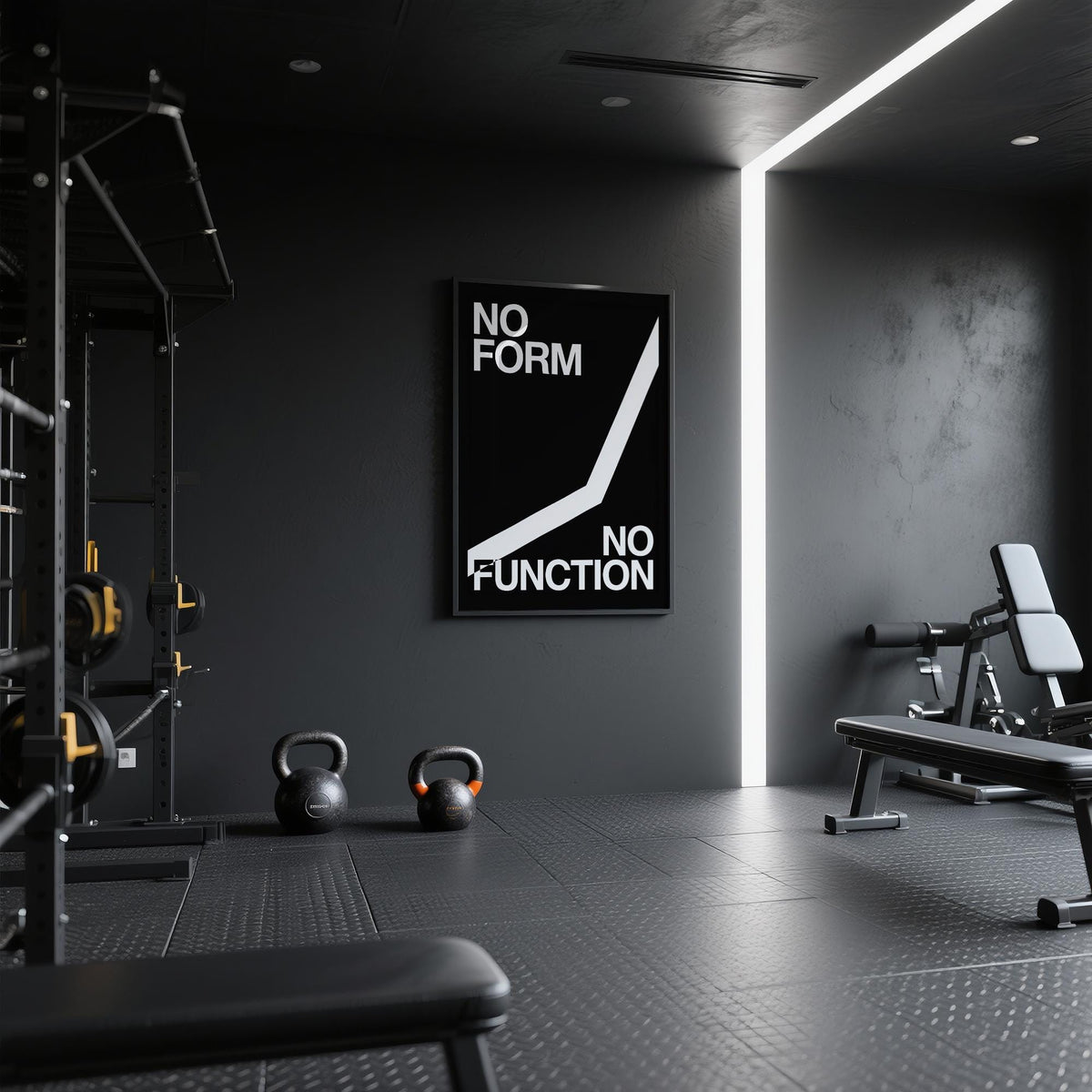 Workout room wall art with typographic abstract in black and white near kettlebells