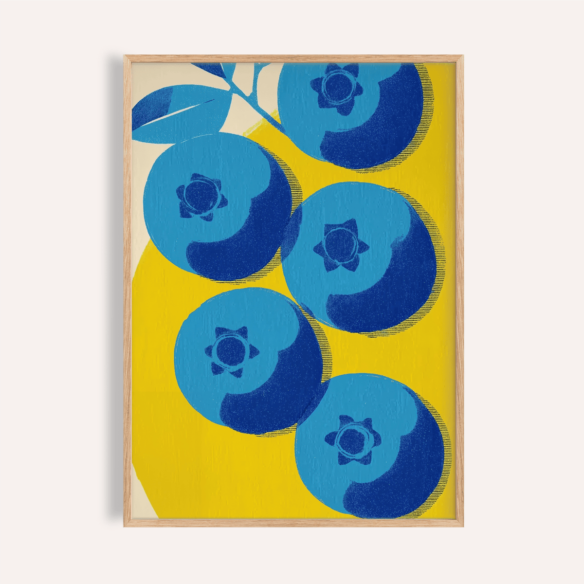 Framed Blueberry Wall Art with blue and yellow minimalist illustration