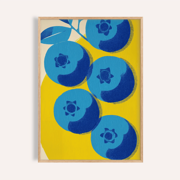 Framed Blueberry Wall Art with blue and yellow minimalist illustration