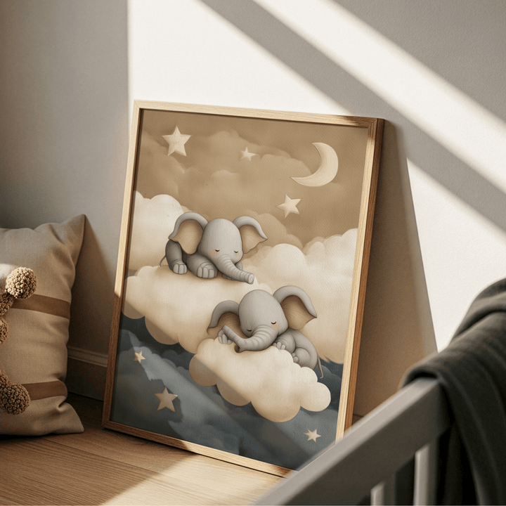 Print leaning on floor of baby elephants sleeping on cream clouds under stars with moon