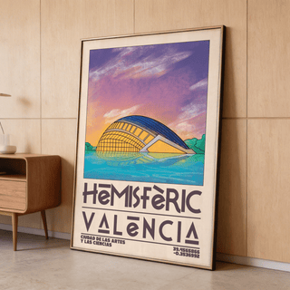 Framed Valencia City Art Print of a hemispheric building illustration with orange and purple hues leaning on a wooden wall