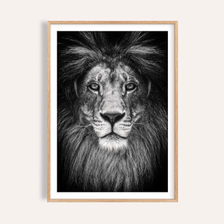 Framed close-up of black and white lion print with a detailed mane in natural wood frame