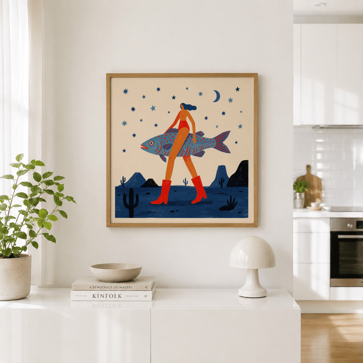 Surrealist Fish Art Print of a woman carrying a blue fish with red boots above a white sideboard with a plant and lamp