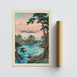 Hasui Kawase Sea Landscape Print rolled print with packaging tube showing blue sea and pink sky
