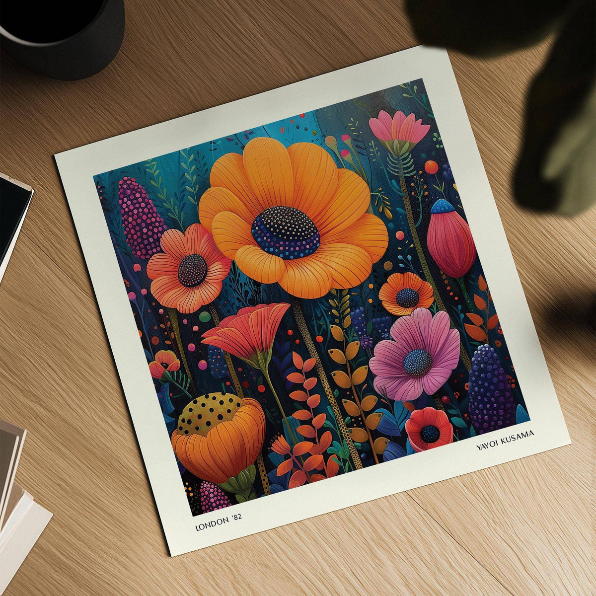 Japanese Modern Art featuring orange and pink flowers with intricate leaves on a wooden surface