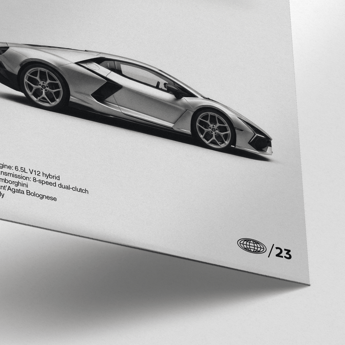 Modern Supercar Art Print with detailed wheels and sharp lines for entryway display