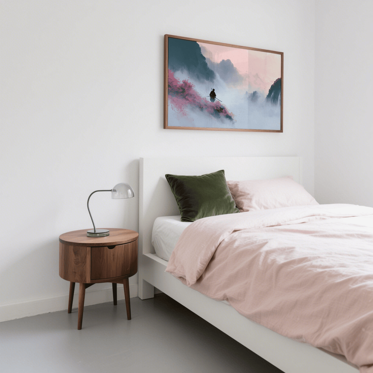 Samurai Mountain wall art of a samurai in misty mountains with pink hues above a bed