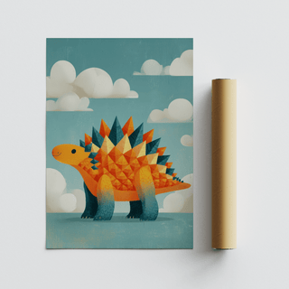 Rolled print beside an orange stegosaurus dinosaur illustration with blue sky and clouds