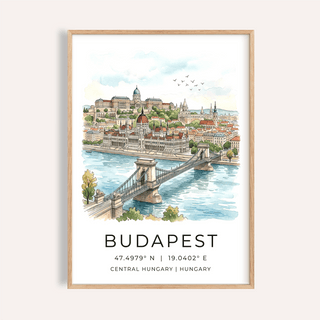Framed Budapest Cityscape wall art depicting a chain bridge and city buildings in watercolour style