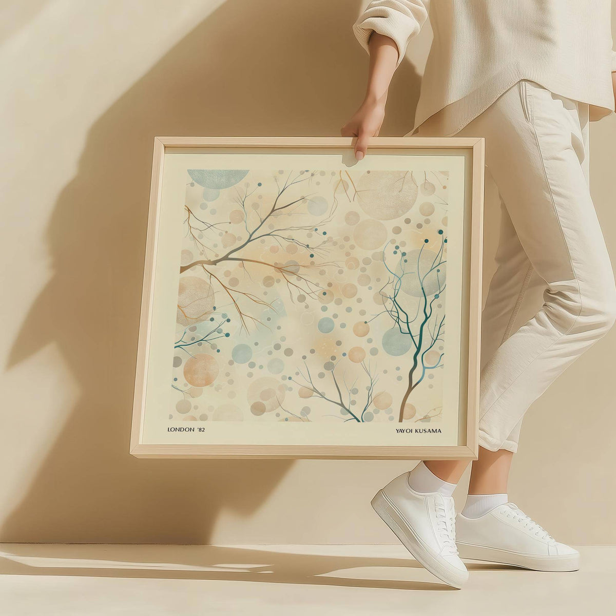 Framed Neutral Artwork with abstract branches and berries in soft beige and blue held by a person