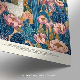 Close-up of Mexican Wall Decor showing detailed flowers and succulents in blue and pink tones