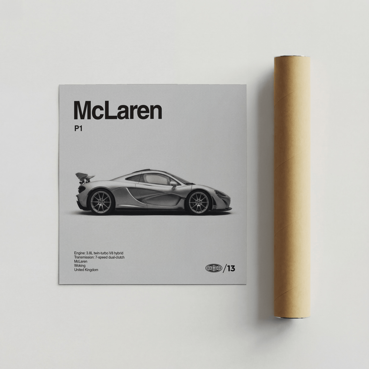 Modern Hybrid Hypercar Poster flat on a white surface next to a brown packaging tube
