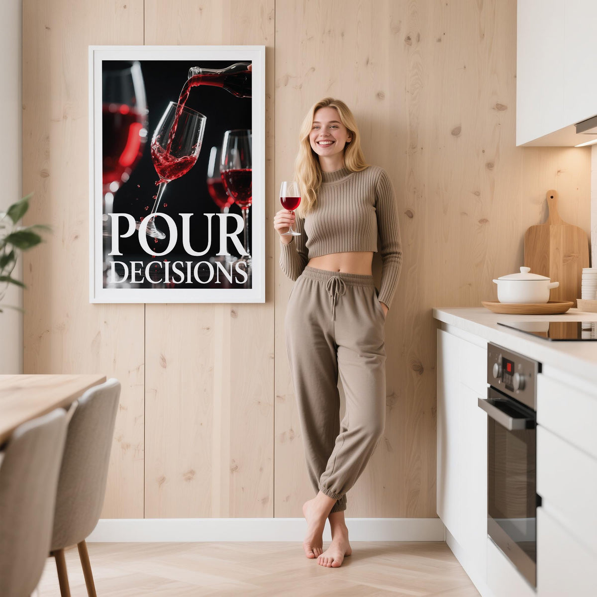 Gift for Wine Lovers wall art showing red wine pouring into a glass in a light wooden kitchen with a woman holding a glass