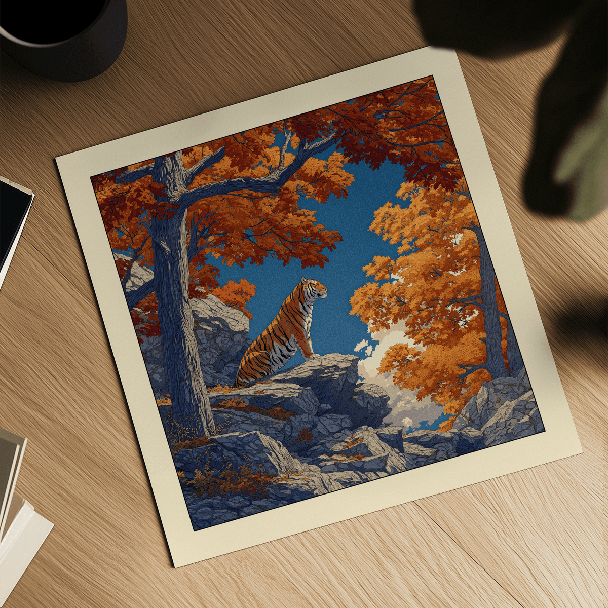 Hasui Kawase Tiger Art Print illustration of a tiger on a rock with autumnal orange leaves seen on a wood surface