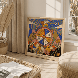 Print leaning on floor of Wheel Of Fortune Tarot Card Art in warm folk-art colours with plants nearby