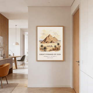 Giza Pyramid wall art in a neutral tone hallway with wooden door and dining area visible