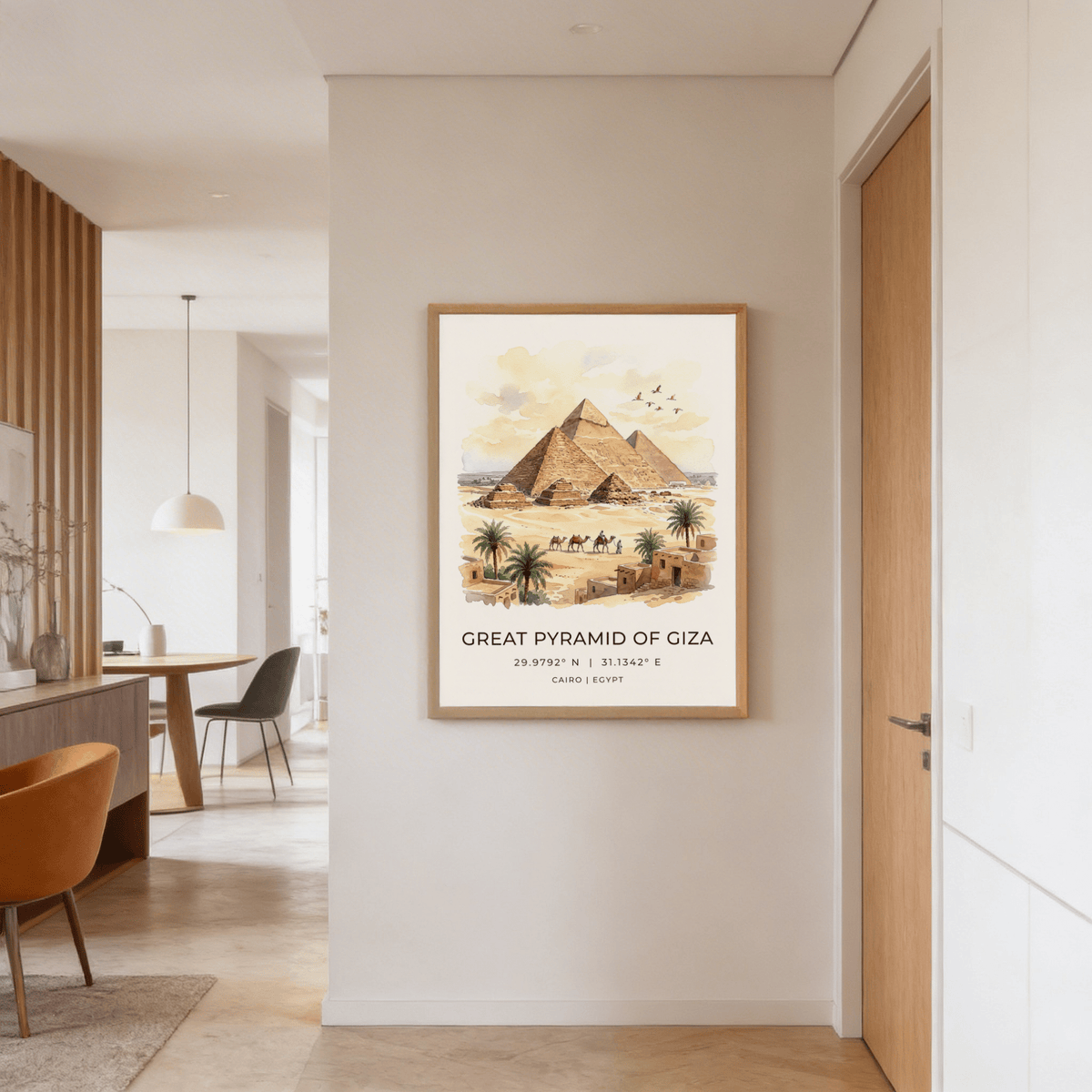 Giza Pyramid wall art in a neutral tone hallway with wooden door and dining area visible
