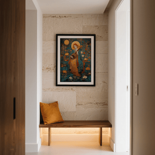Saraswati Veena print in a narrow hallway with textured stone wall and wooden bench with orange cushion