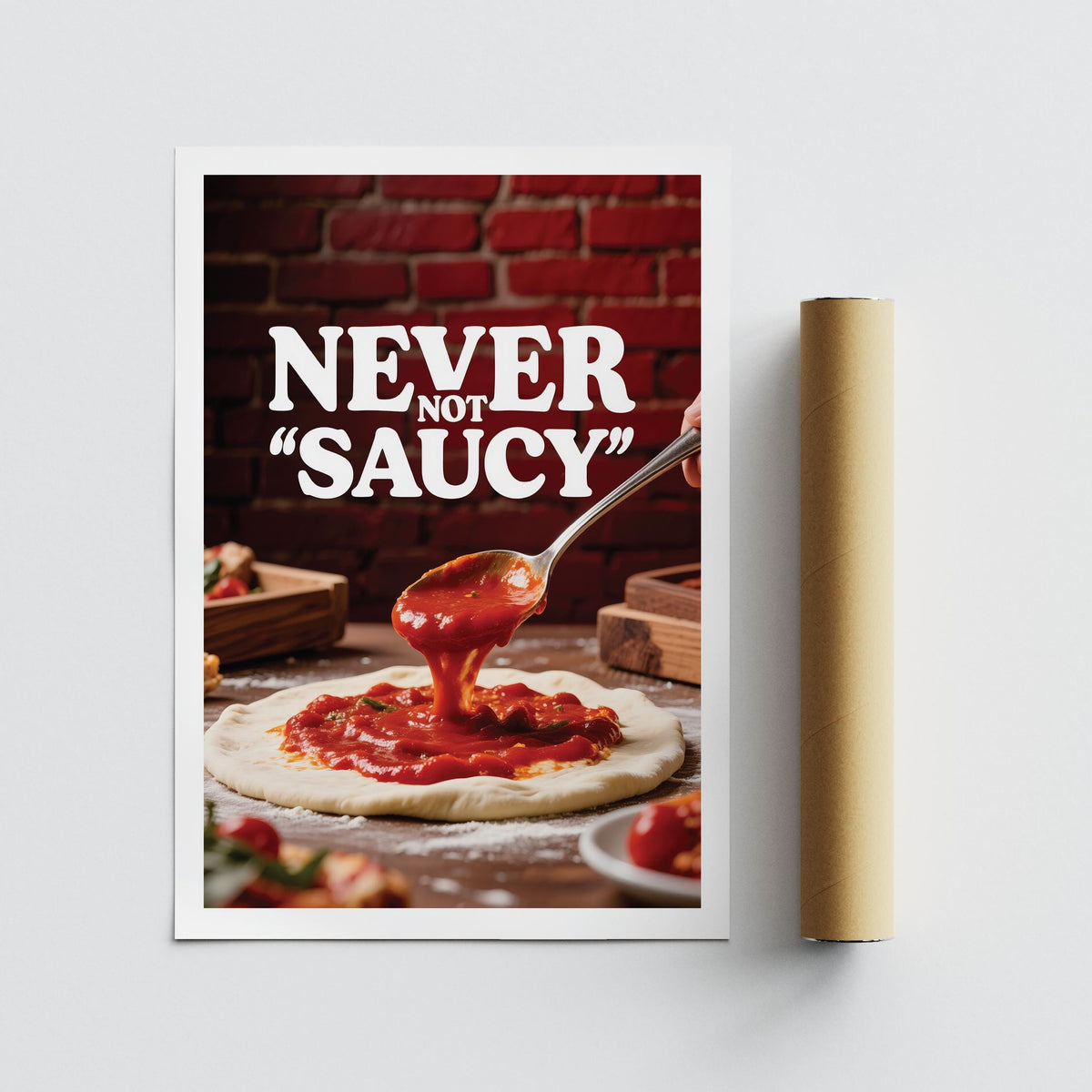 Pizza wall art of sauce spooned onto pizza dough beside a packaging tube