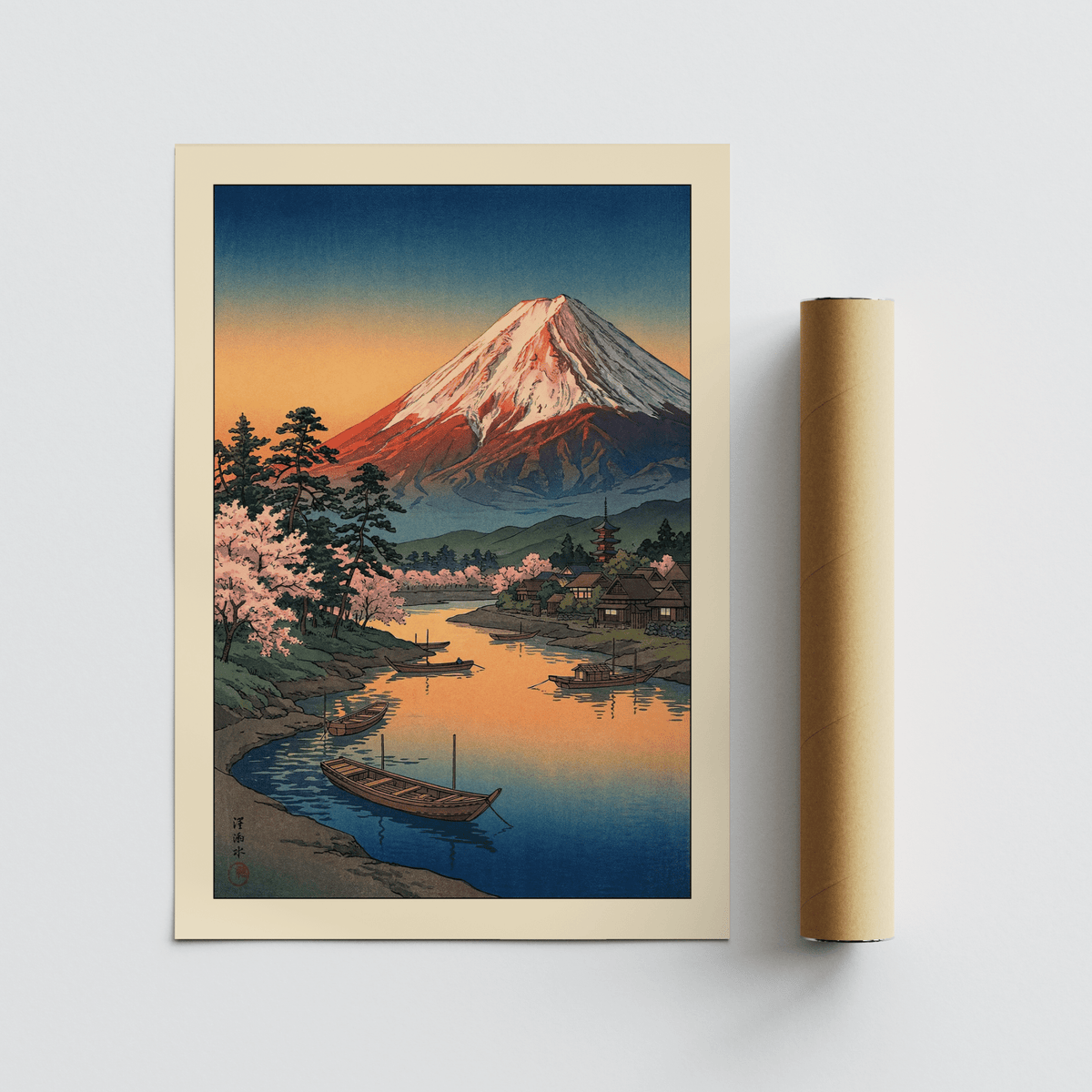 Rolled print of Mount Fuji Sunset Poster showing Mount Fuji with boats and pink trees