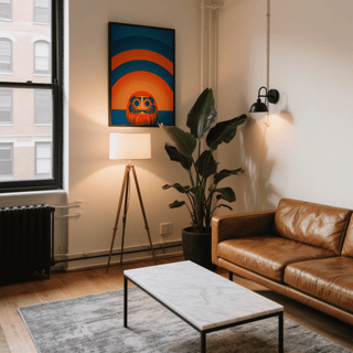 Daruma Doll wall art above a standing lamp in a contemporary living room with a brown leather sofa