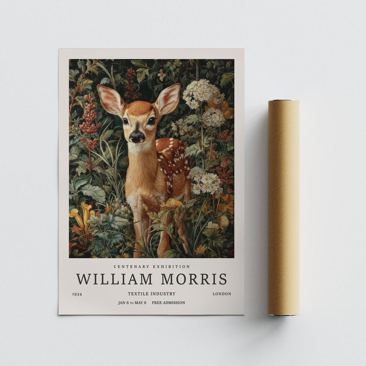 Rolled print beside Woodland Fawn forest art print with botanical illustration and muted greens
